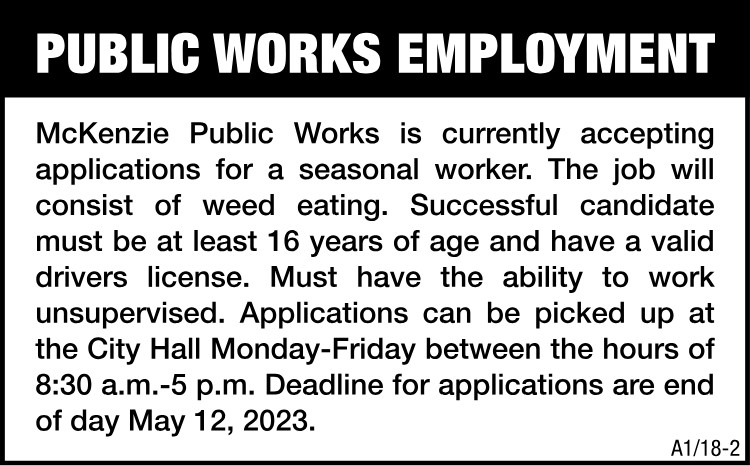 City of McKenzie - Public Works Employment