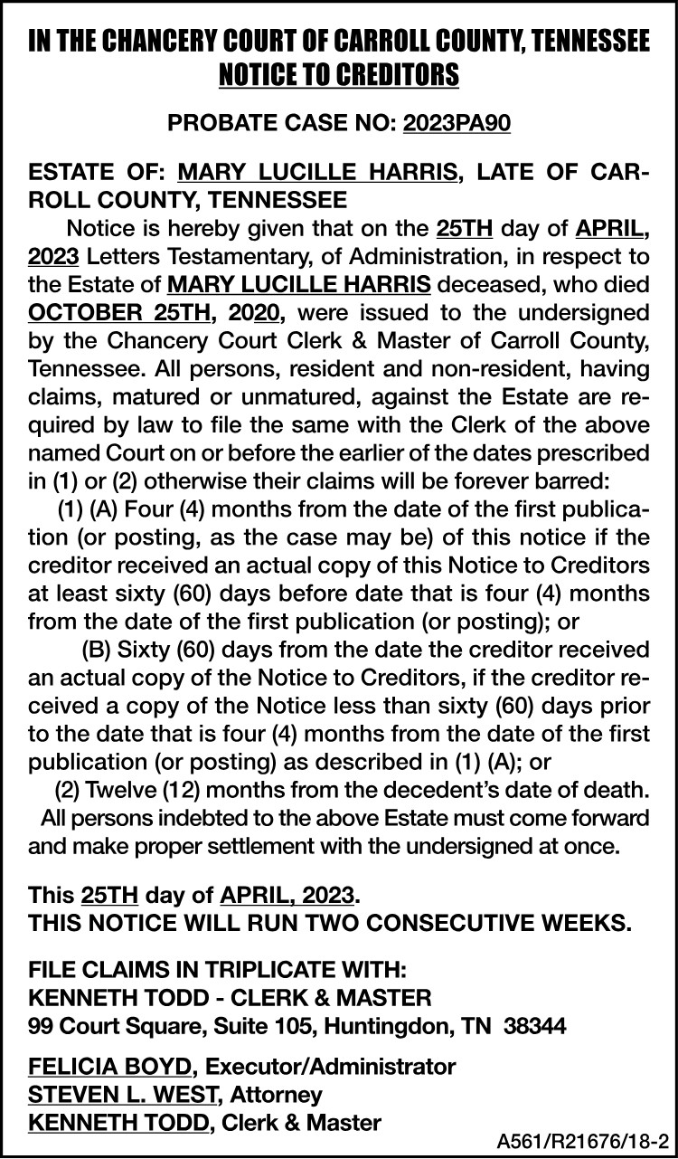 Notice to Creditor-Harris