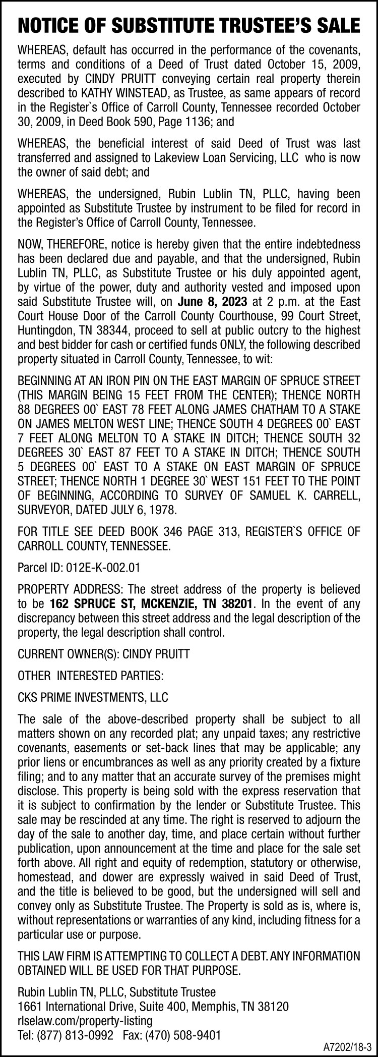 Substitute Trustee Sale - Cindy Pruitt