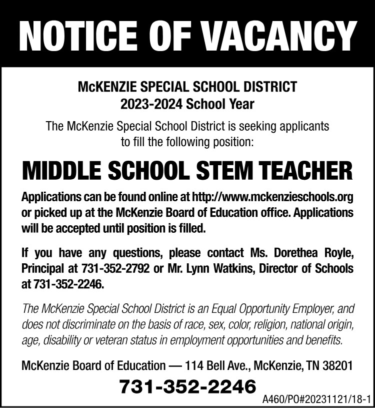 Notice of Vacancy-McKenzie STEM Teacher