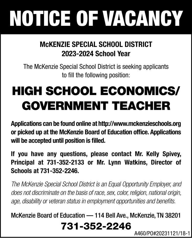 Notice of Vacancy-McKenzie Government Teacher