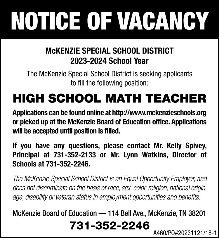 Notice of Vacancy-McKenzie Math Teacher