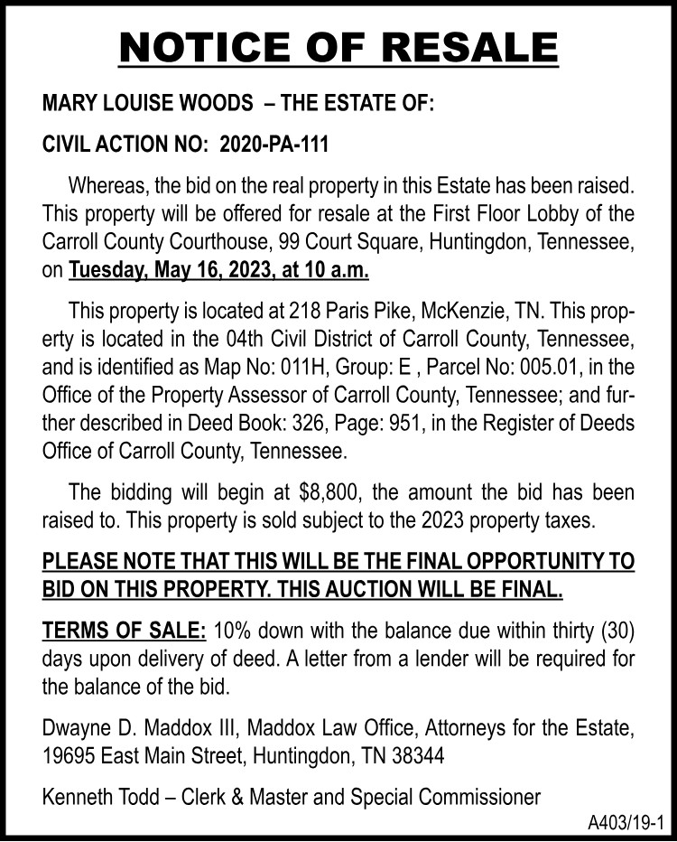 Notice of Resale-Woods