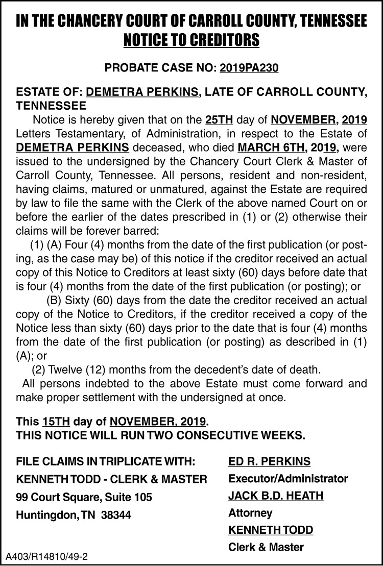 Notice to Creditors - PERKINS