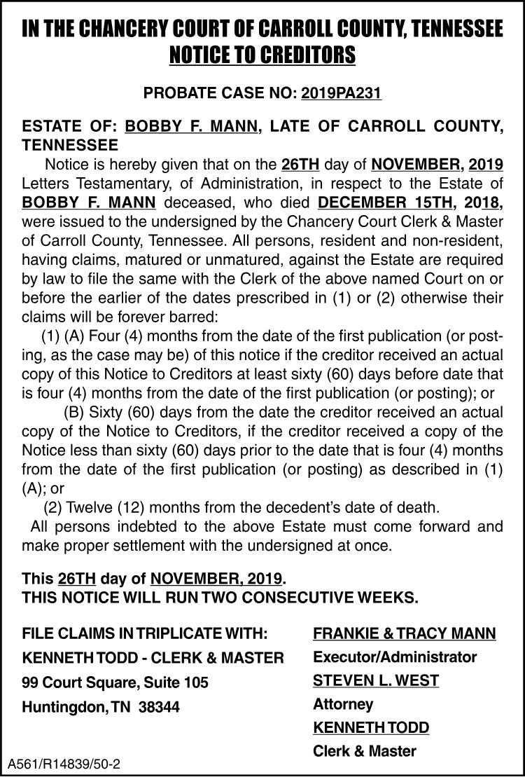 Notice to Creditors - MANN