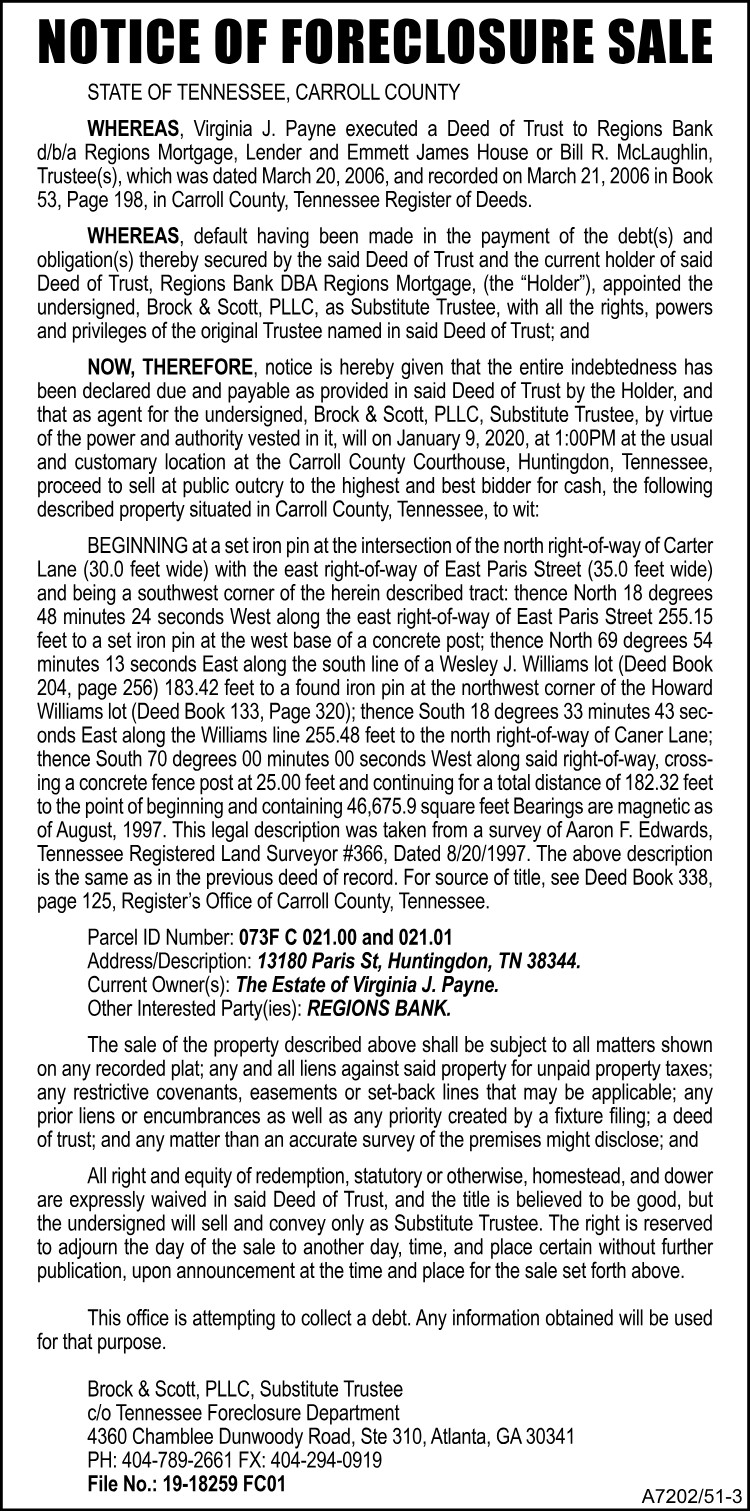 Notice of Foreclosure Sale - PAYNE