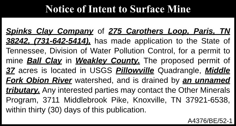 Notice of Intent to Surface Mine - Middle Fork Obion River