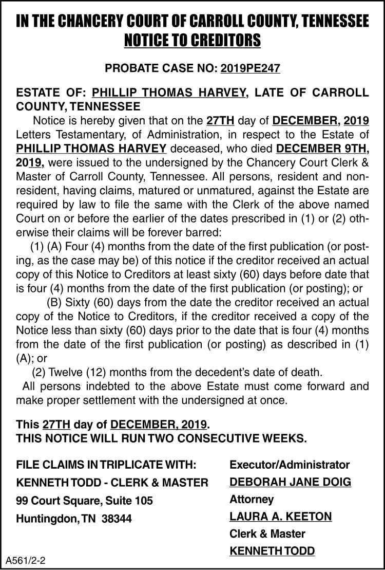 Notice to Creditors - HARVEY