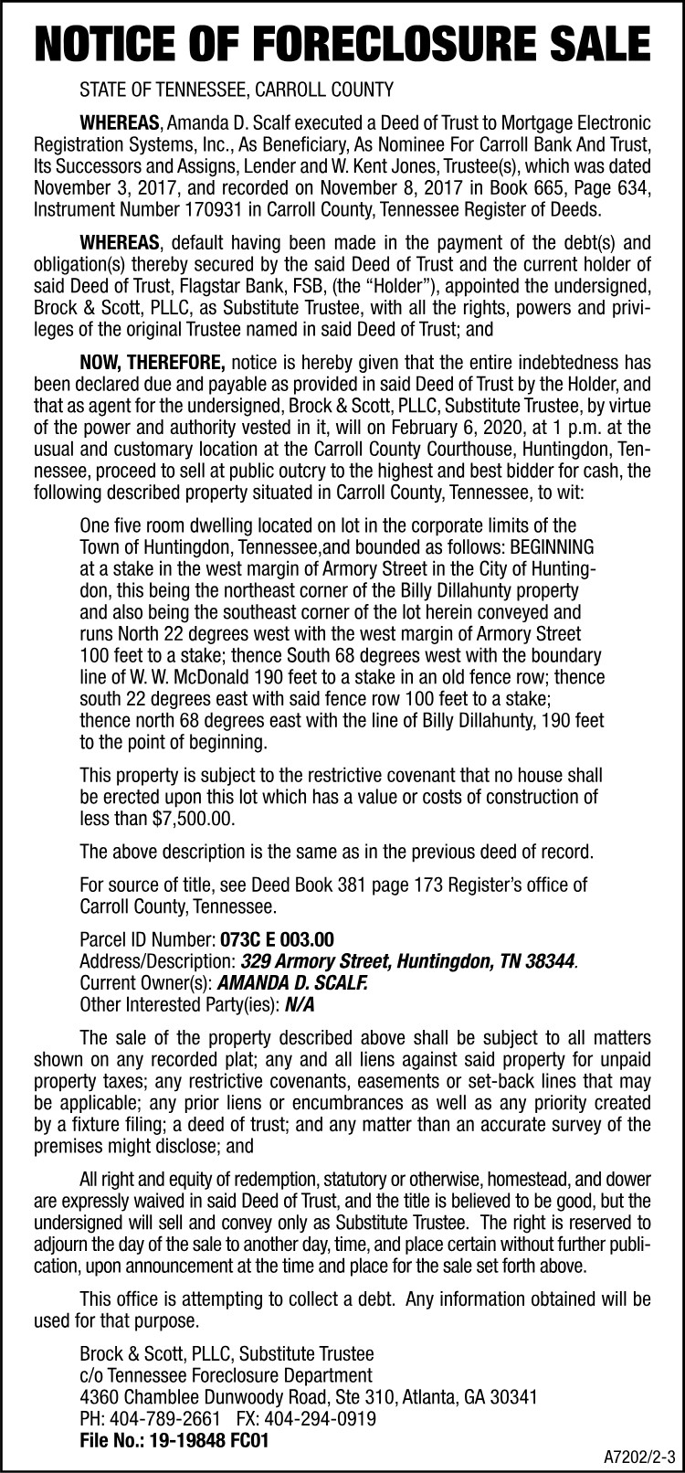 Notice of Foreclosure - SCALF