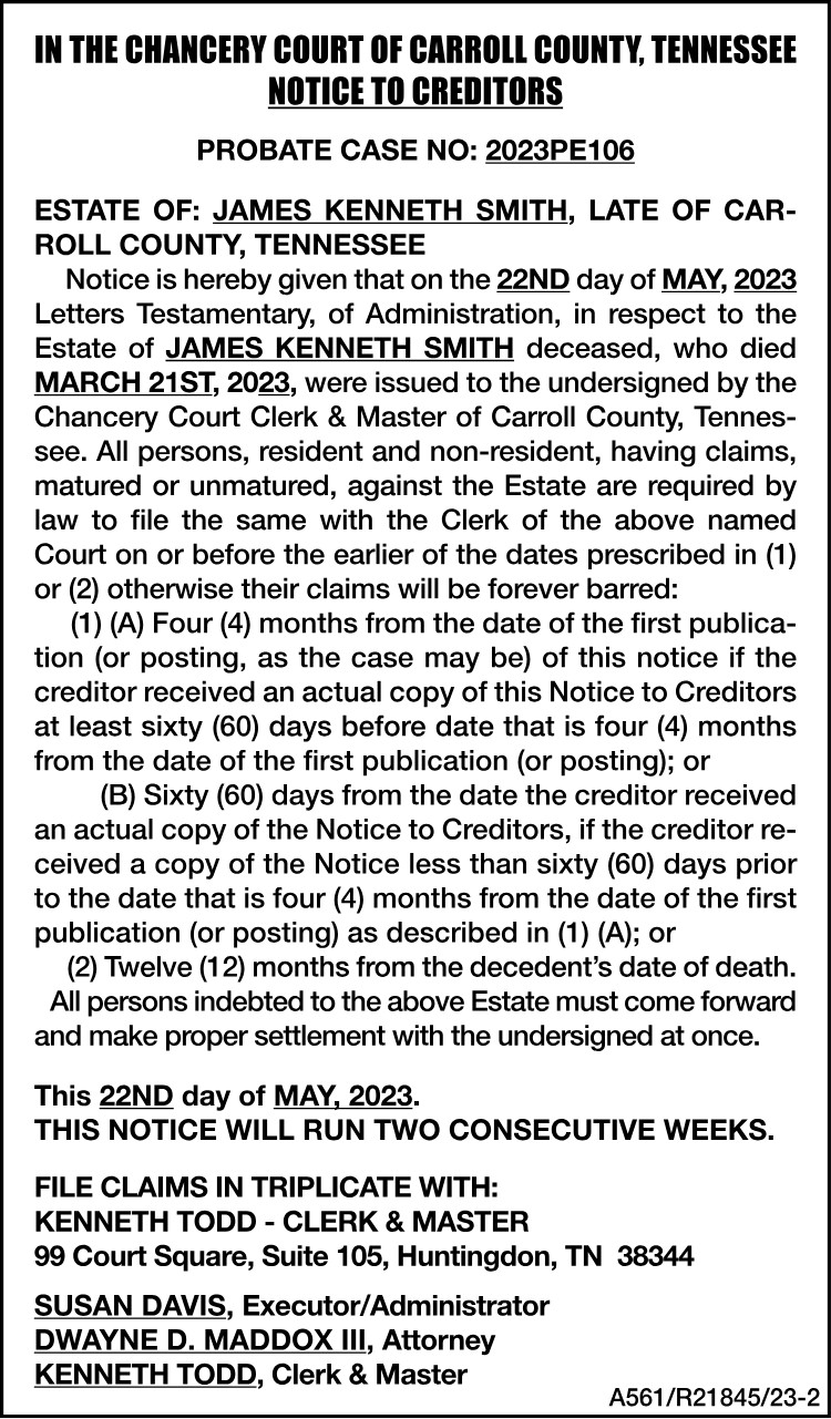 Notice of Creditors-James Smith