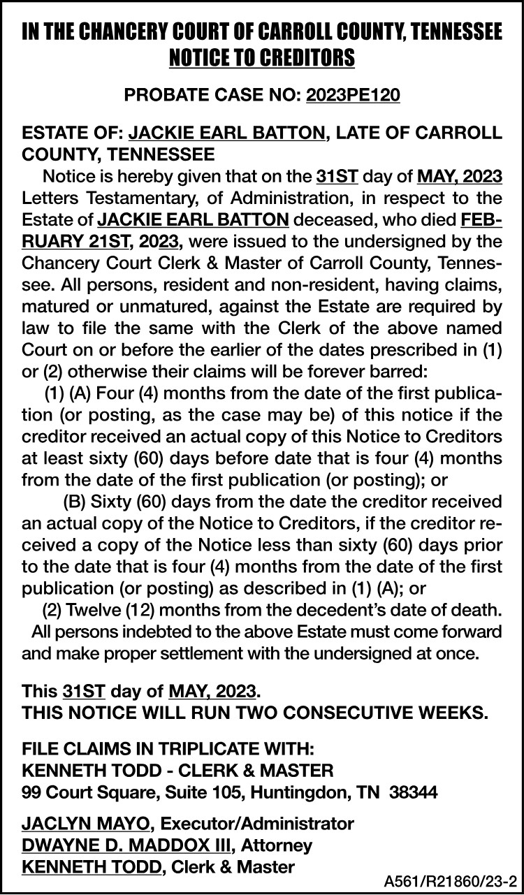 Notice to Creditors -Batton