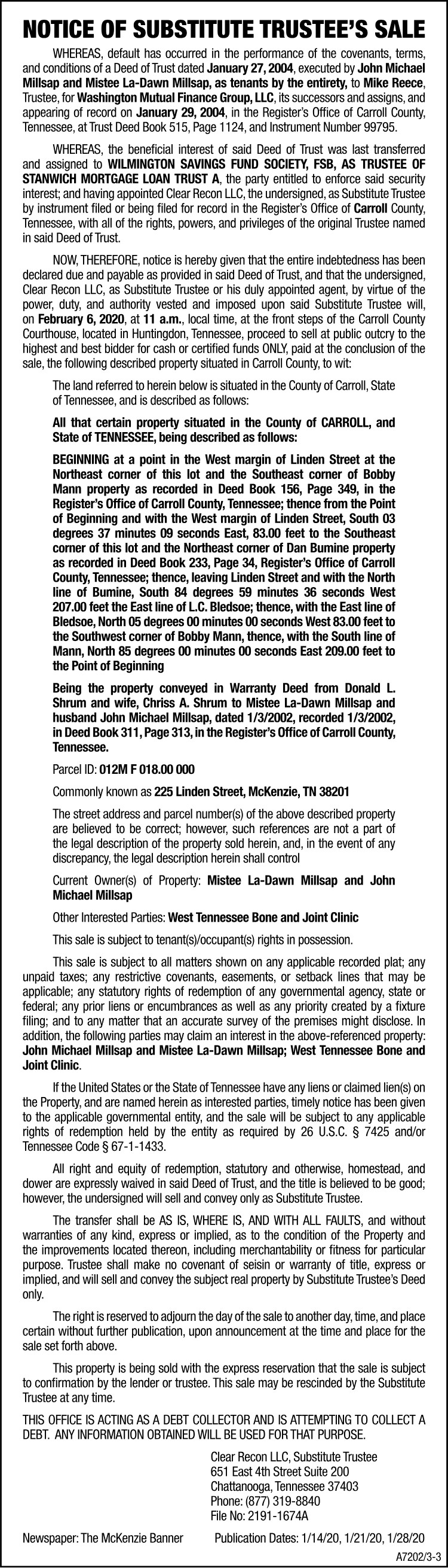 Notice of Substitute Trustee Sale - MILLSAP