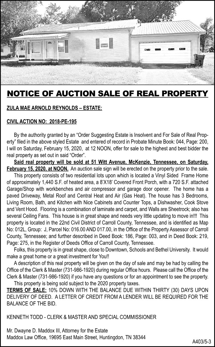 Notice of Real Estate Sale - REYNOLDS