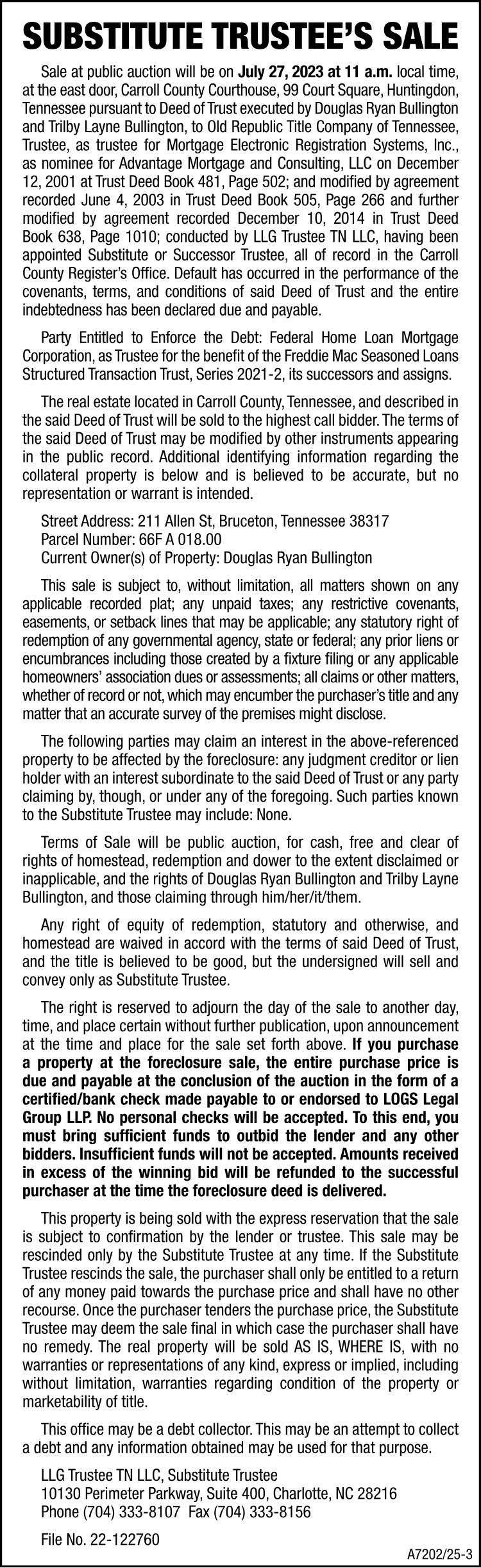Substitute Trustee Sale - Bullington