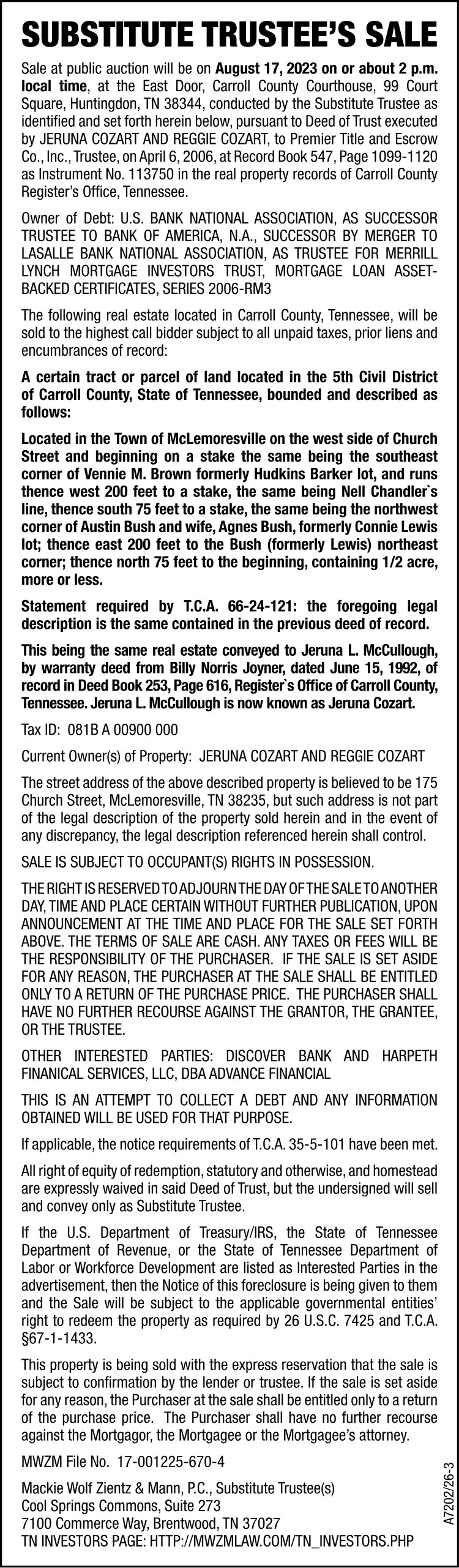 Substitute Trustee Sale - Cozart