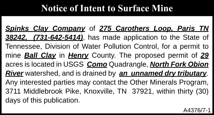 Notice of Intent to Surface Mine - North Fork Obion River