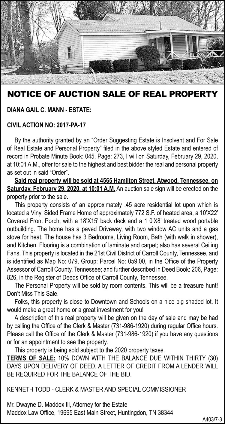 Notice of Auction Sale of Property - MANN