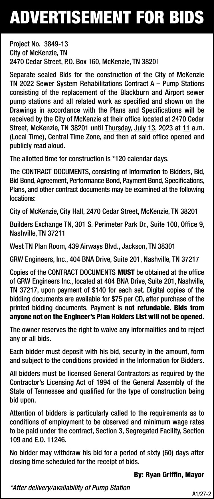 Advertisement for Bids - Sewer System