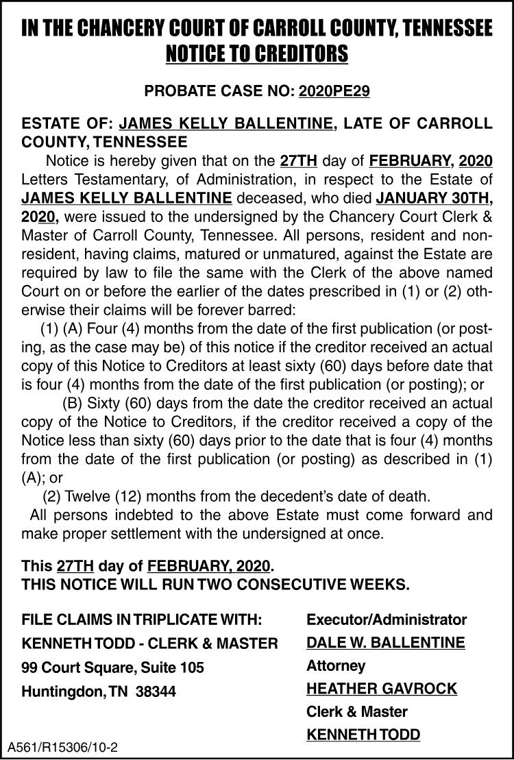 Notice to Creditors - Ballentine