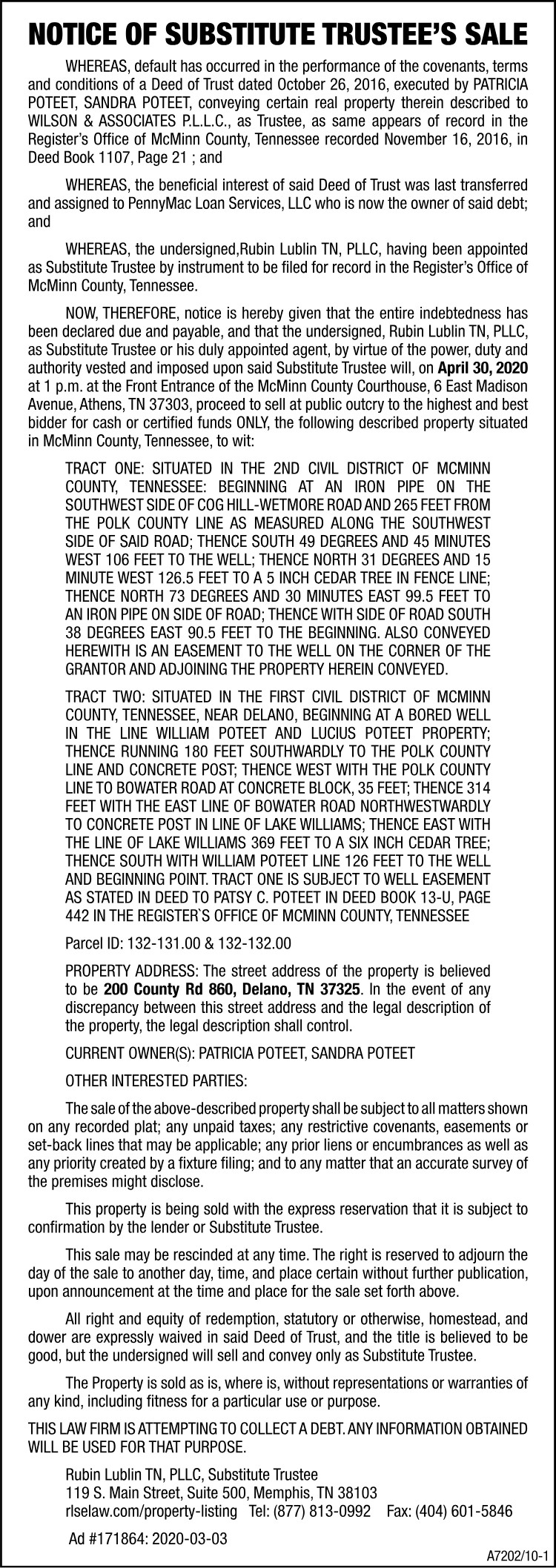 Notice of Trustee's Sale - POTEET