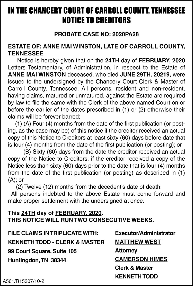 Notice to Creditors - Winston