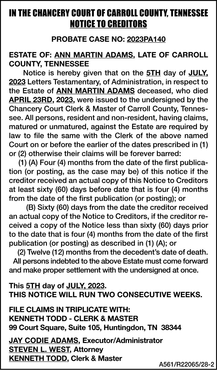 Notice to Creditors-Adams