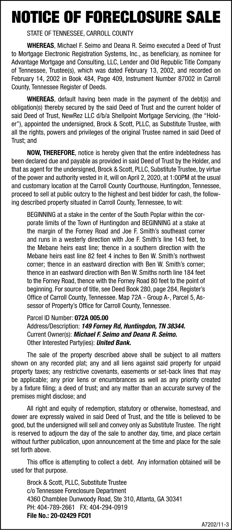 Notice of Foreclosure - SEIMO