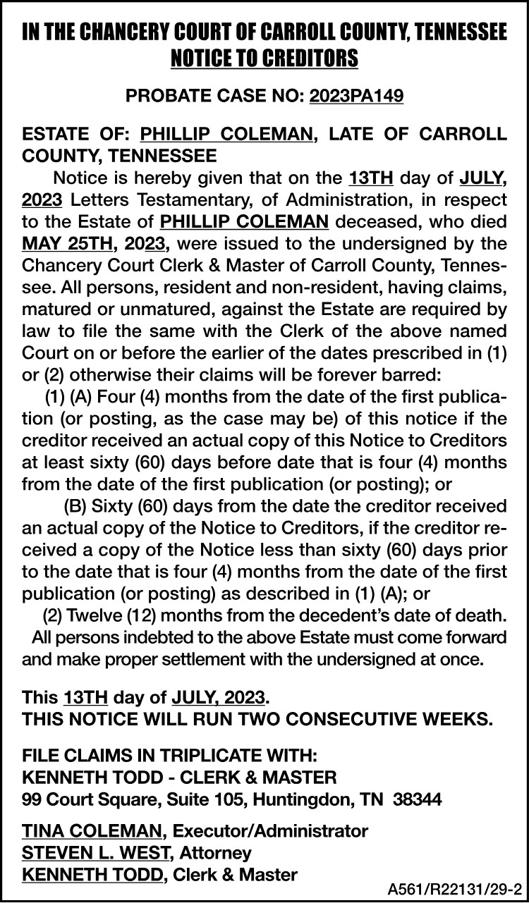 Notice to Creditors - Coleman