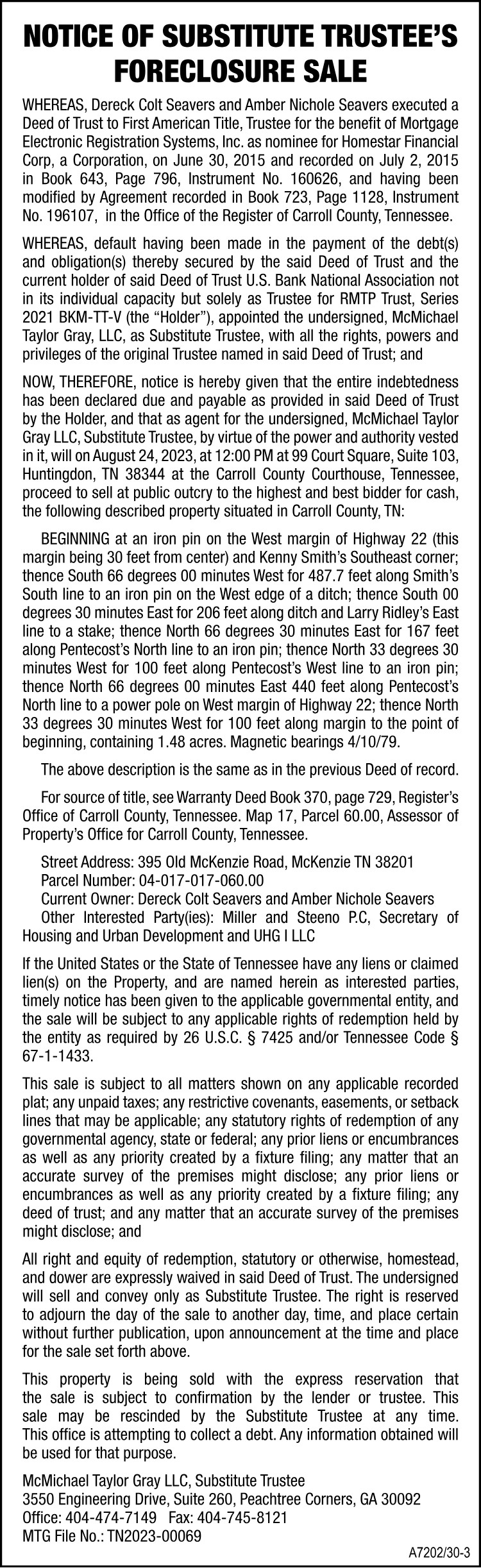 Notice of Substitute Trustee - Seavers