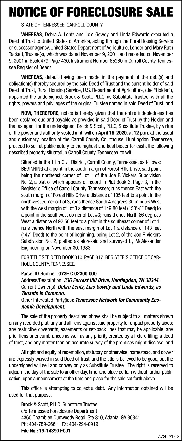 Notice of Foreclosure Sale - LENTZ