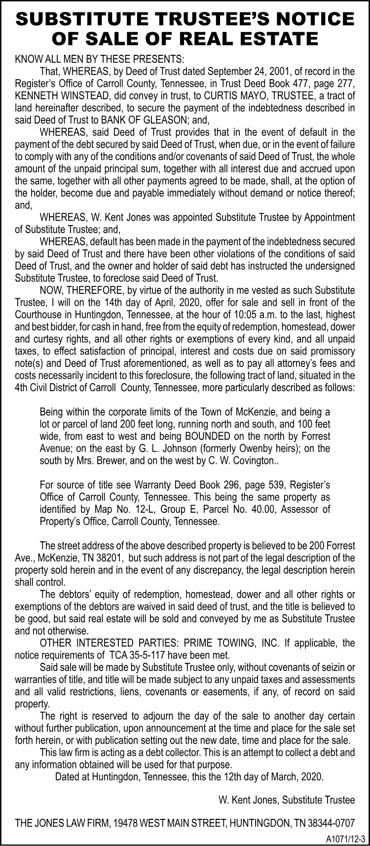 Substitute Trustee's Notice - WINSTEAD