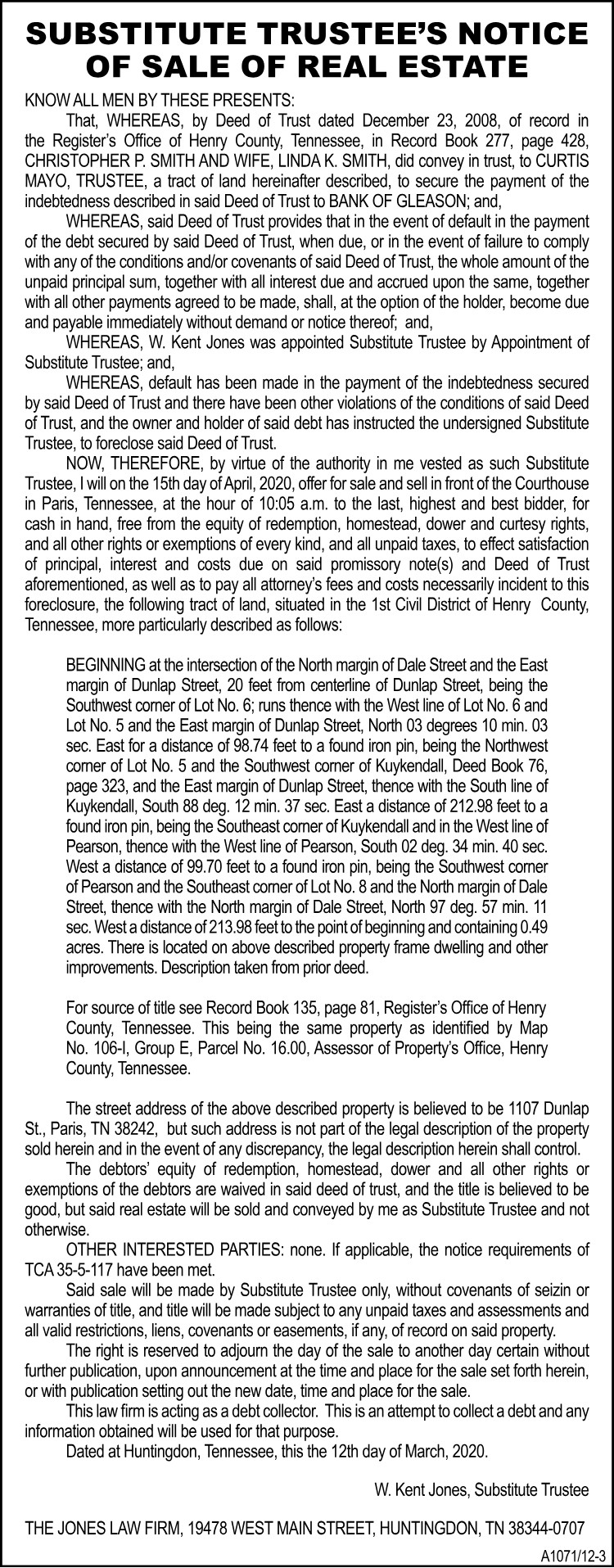 Substitute Trustee's Notice - SMITH