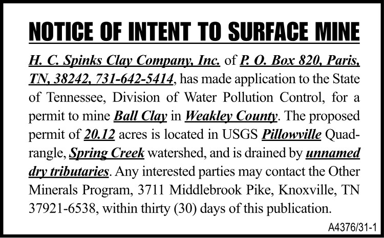 Notice of Intent to Surface Mine - HC Spinks Clay
