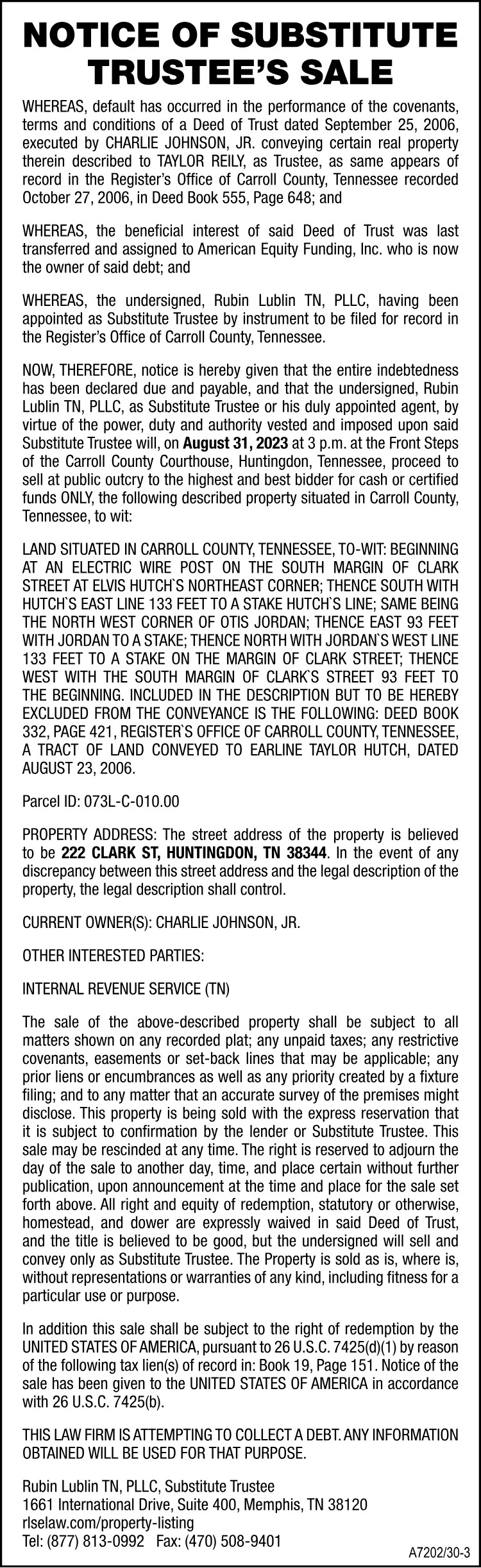 Notice of Substitute Trustee - Lublin