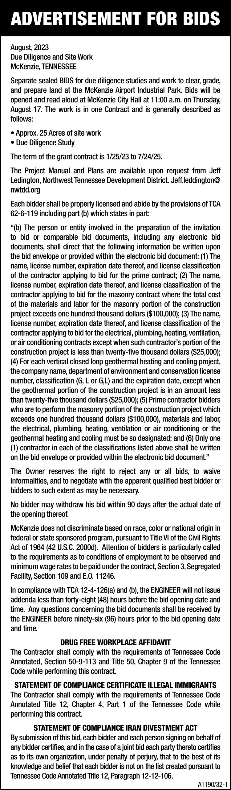Advertisement for Bids - Due Diligence & Site Work