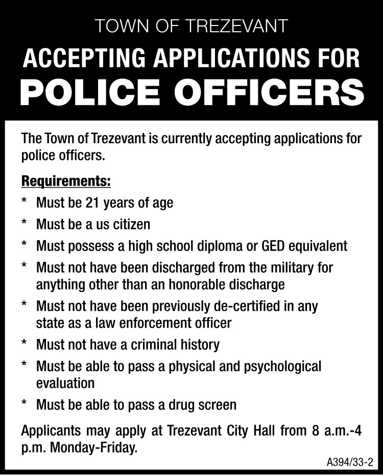 Town of Trezevant - Accepting Applications for Police Officers