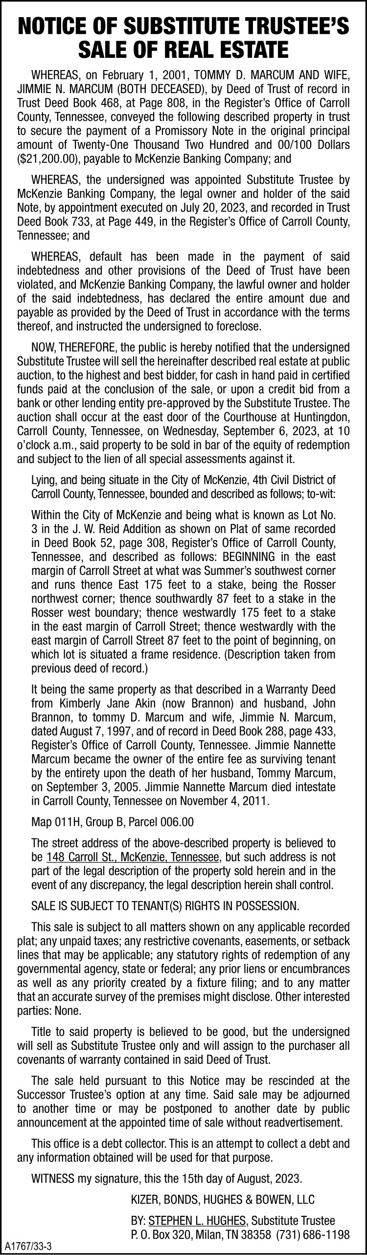 Notice of Substitute Trustees Sale - MARCUM
