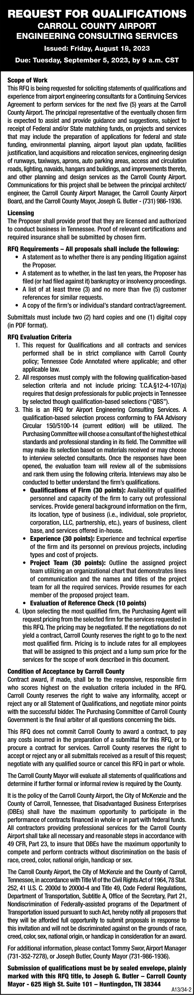 Request for Qualifications -
Carroll County Airport Engineering Consulting Services