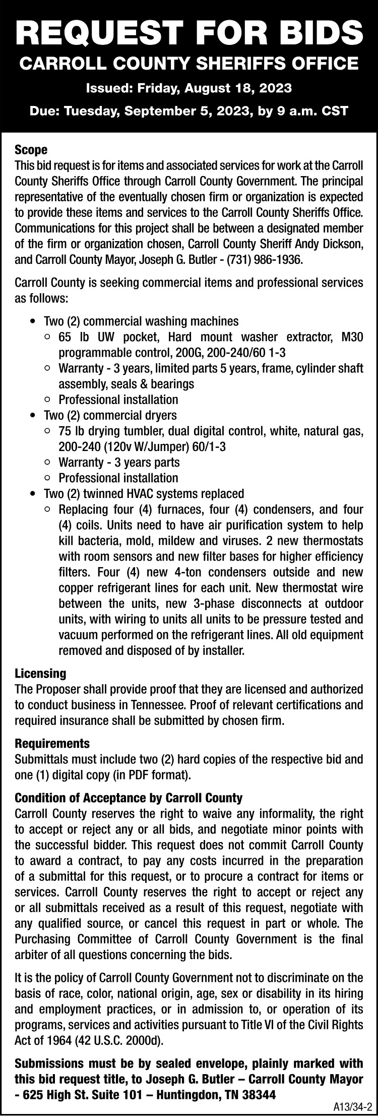 Request for Bids - Carroll County Sheriffs Office