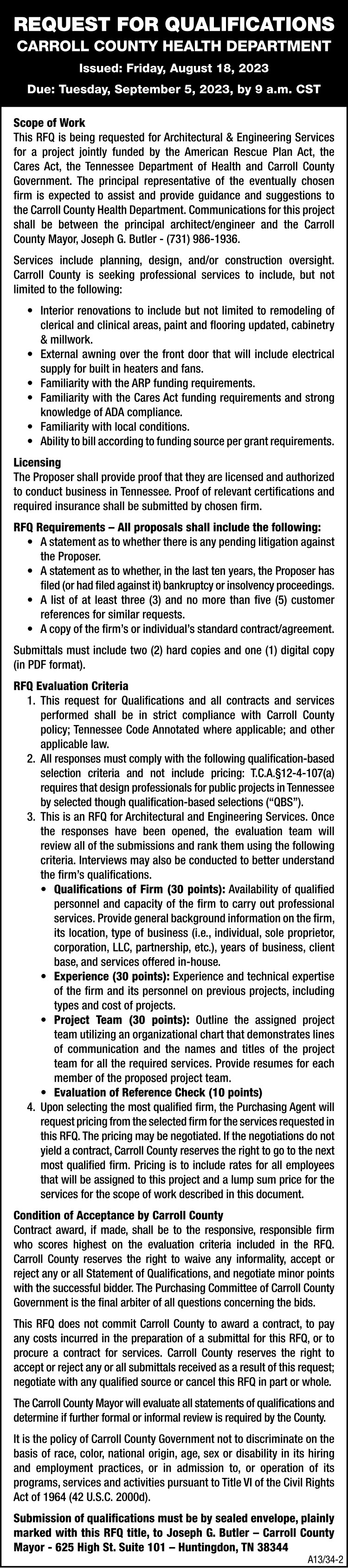 Request for Qualifications - Carroll County Health Dept