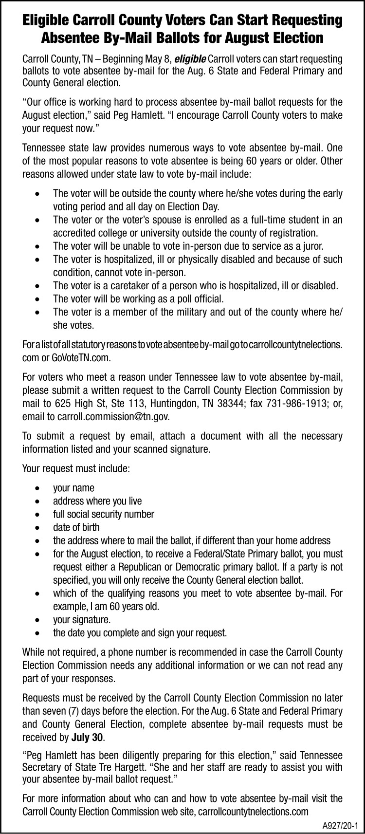 Carroll Co Election Commission - Mail in ballots