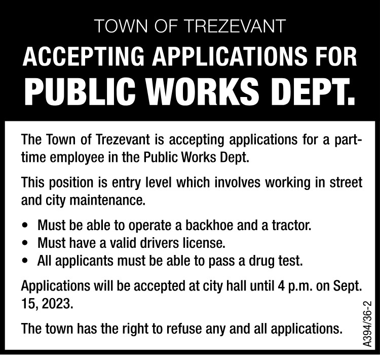 Town of Trezevant Accepting Applications Public Works