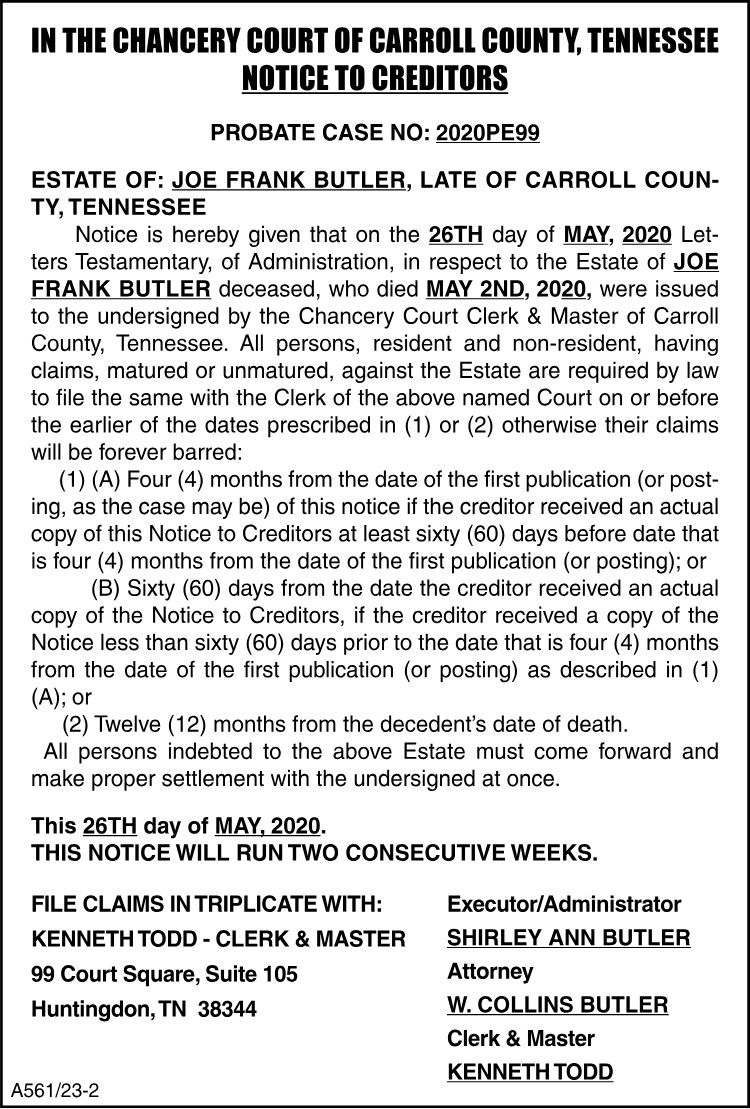 Notice to Creditors - BUTLER