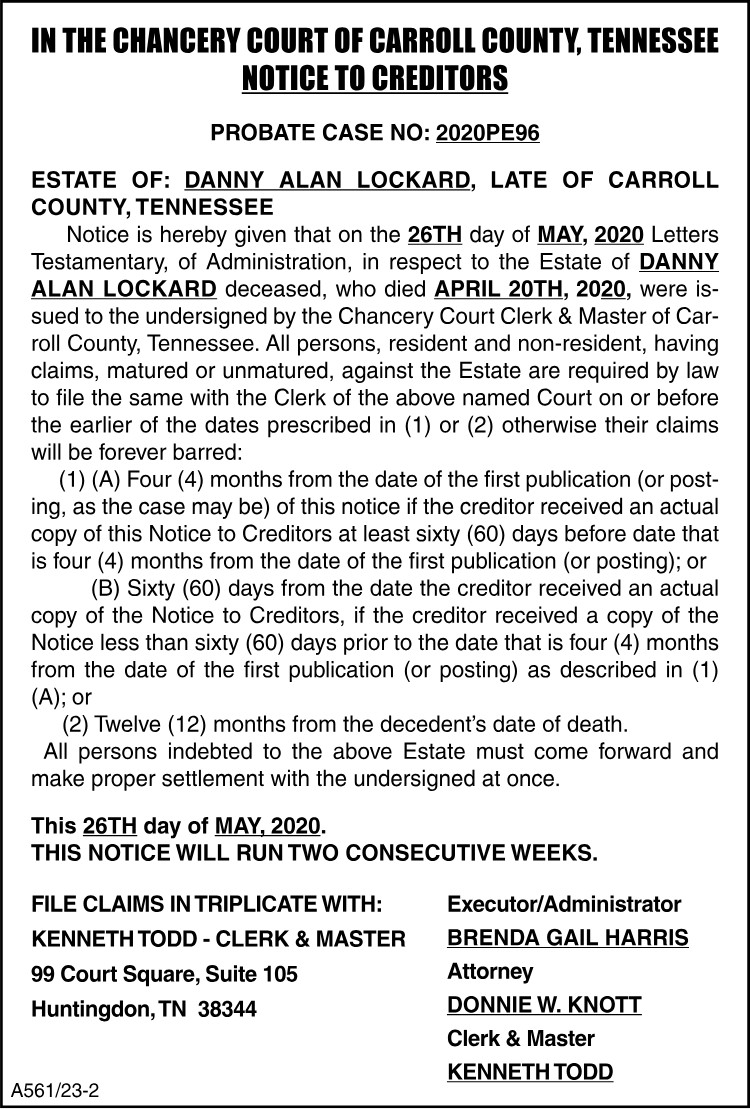 Notice to Creditors - LOCKARD
