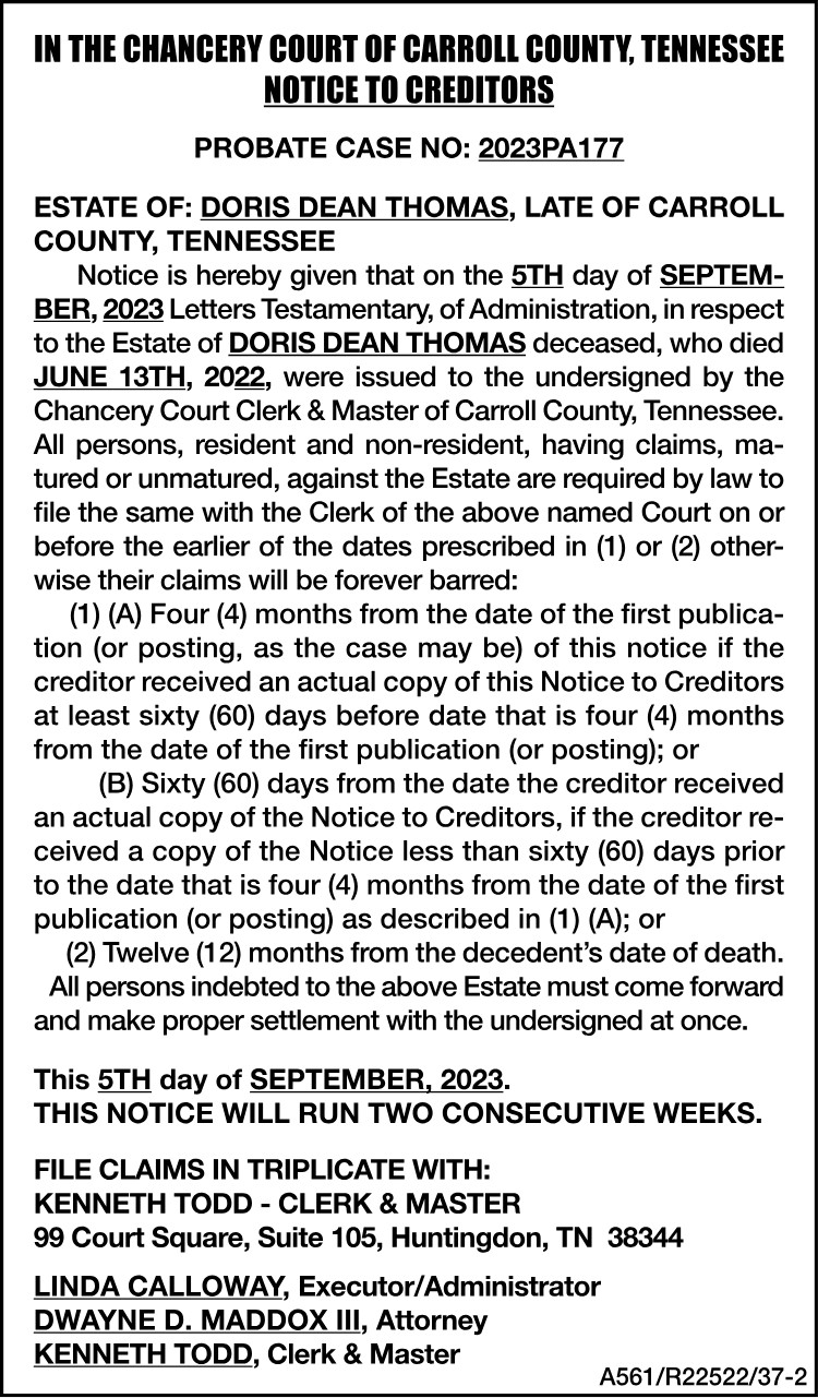 Notice to Creditors - THOMAS