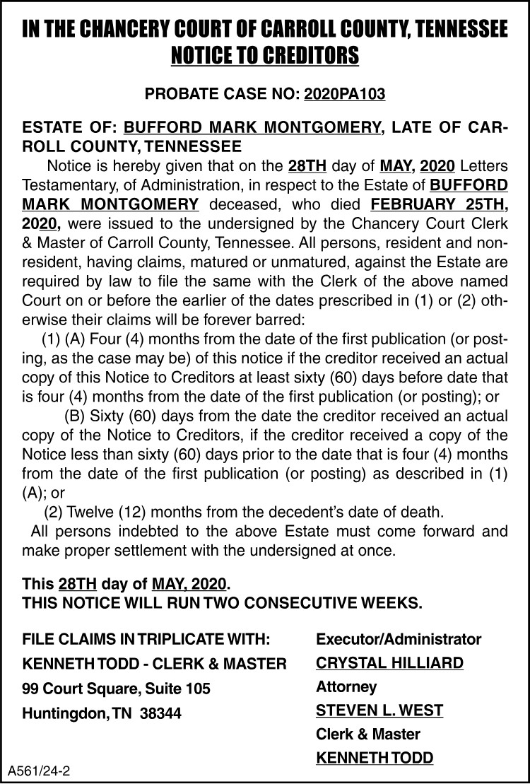 Notice to Creditors - MONTGOMERY