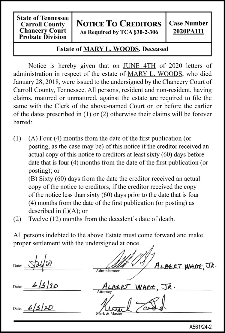 Notice to Creditors - WOODS