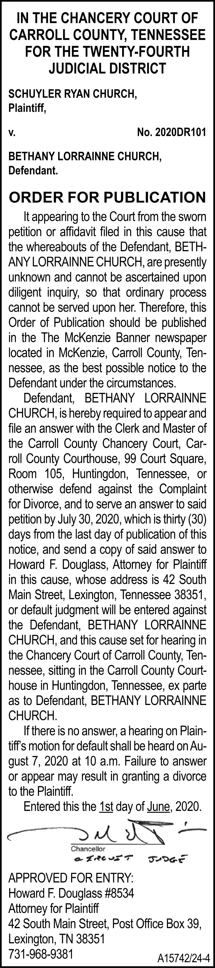 Order of Publication - CHURCH