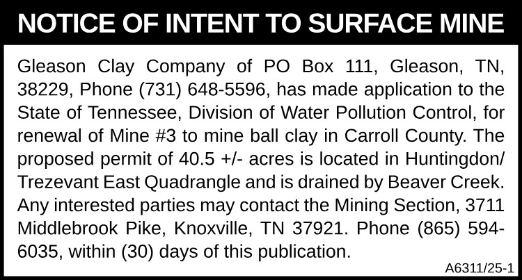 Gleason Clay - Intent to Surface Mine - Beaver Creek