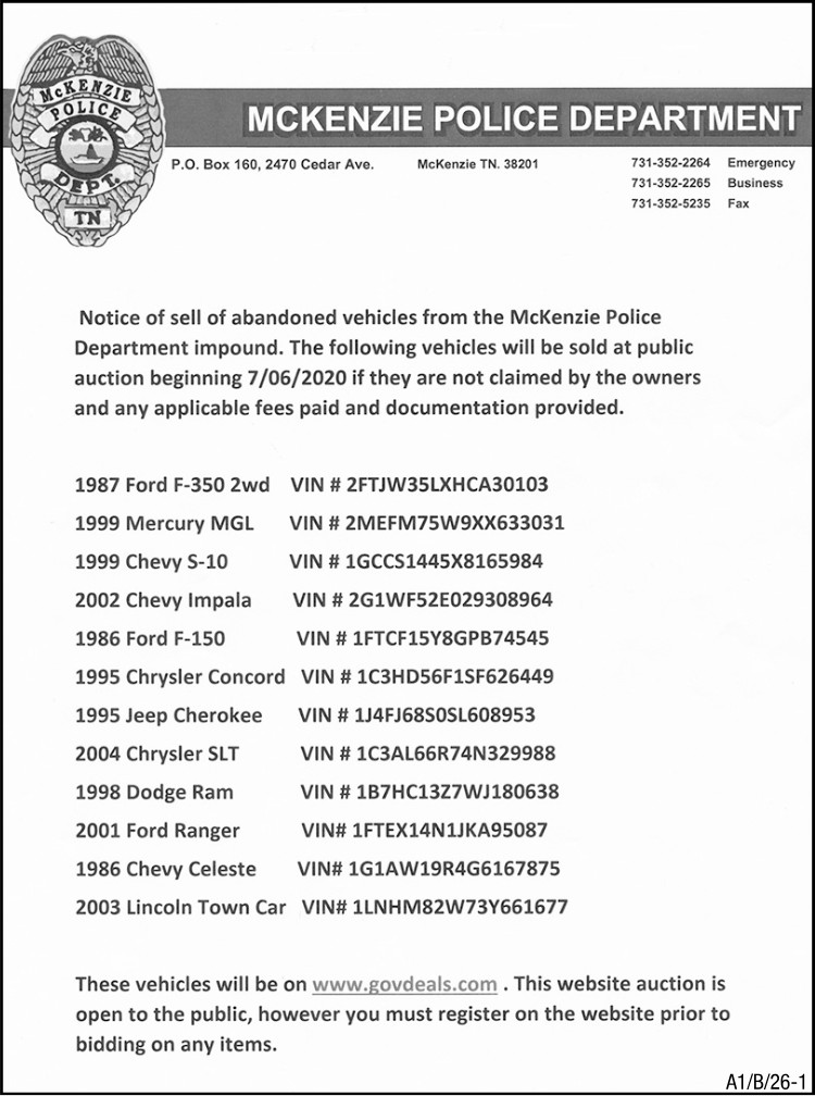 NOTICE McKenzie Police Sale of Vehicles